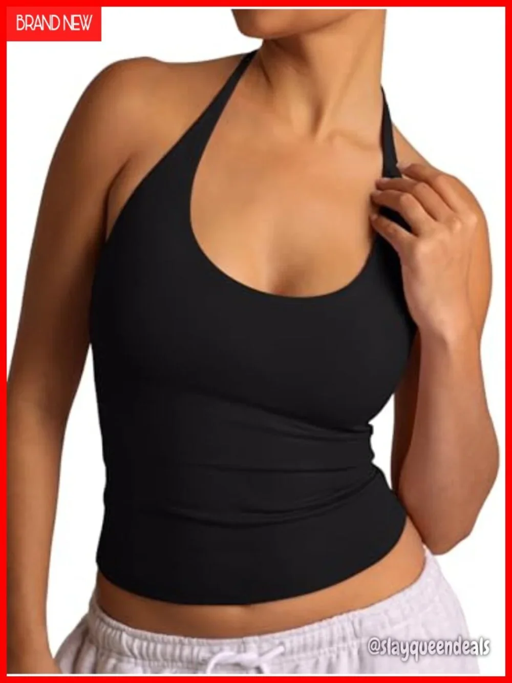 Women's Halter Backless Tank Top Double Lined Slim Fit Scoop Neck